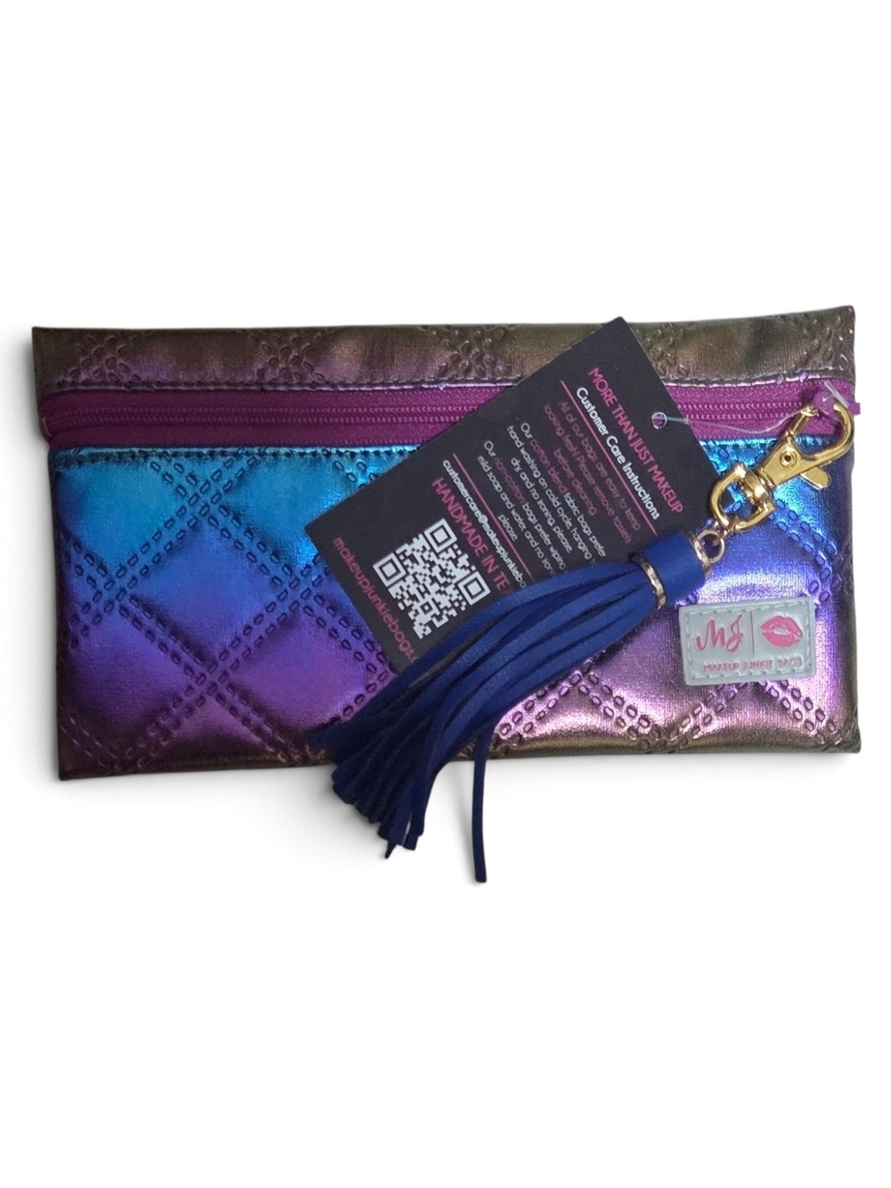 Iridescent Mermaid Quilted Cosmetic Clutch with Navy Tassel